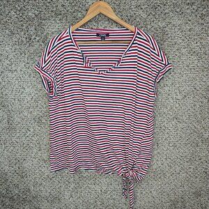 Chaps Top Womens Large Red Striped V‎ Neck Cuffed Sleeve Tee Casual Ladies
